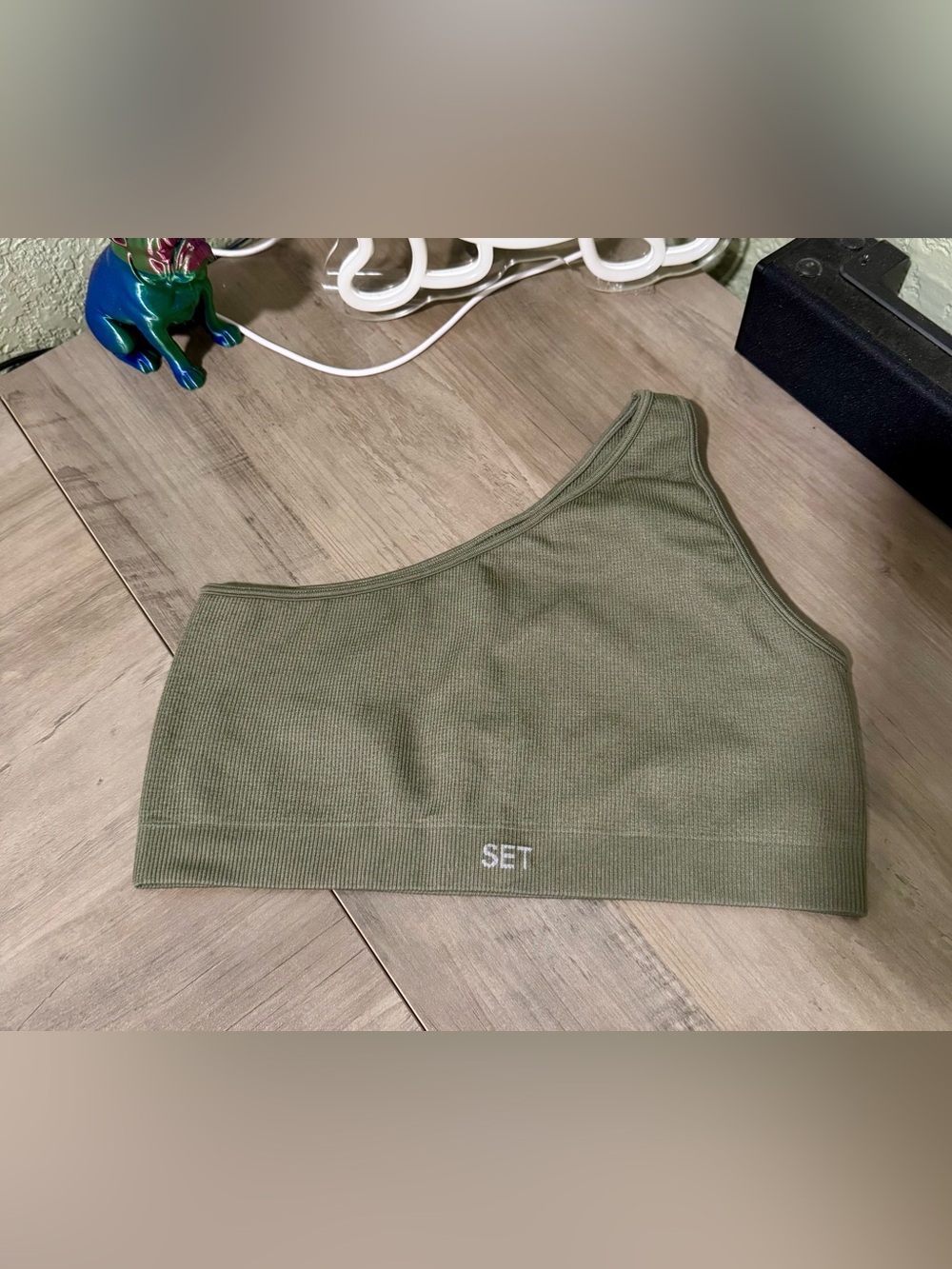 SET Active Olive Green Ribbed One-Shoulder Bra M/L